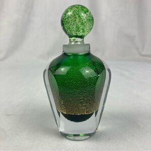 Vintage Art Glass 5" Perfume Bottle w/ Stopper Green Black Gold Flecks